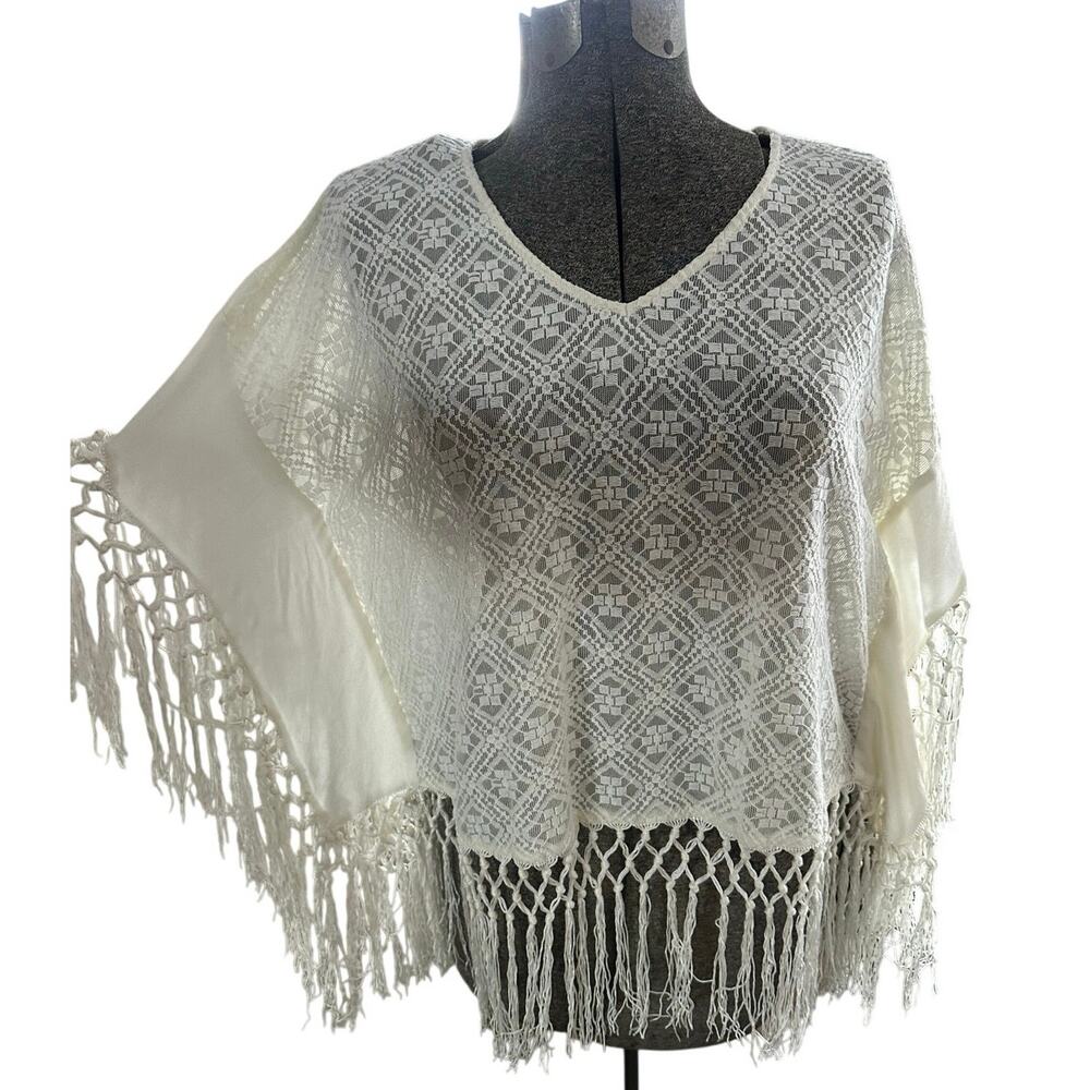 Boho Cream Crochet Lace Top S/M Festival Coverup Fringe Gypsy Fairycore Rodeo